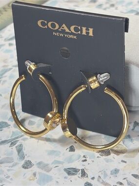 Coach Gold Tone Crystal Logo Hoop Earrings #55